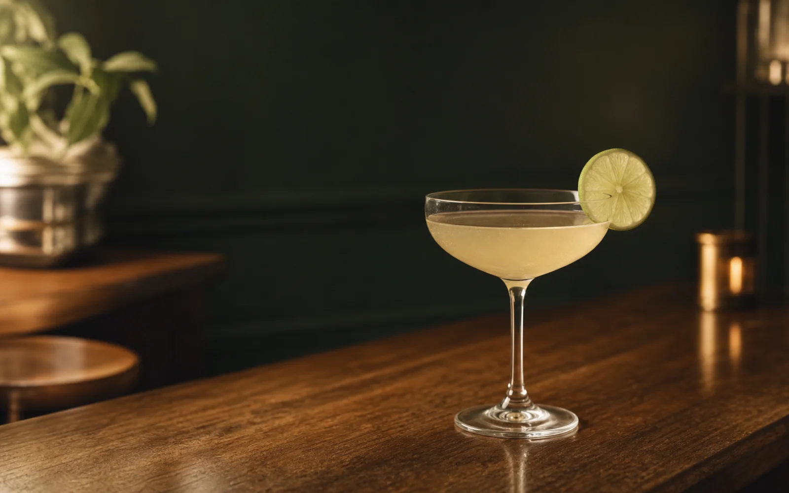 深色背景前，一杯以青柠片装饰的浅金色经典 Daiquiri