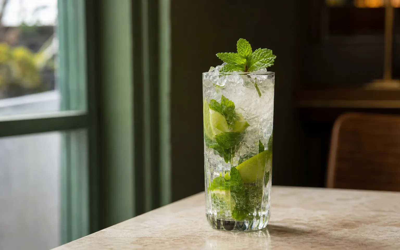 一杯以薄荷和青柠装饰的 Mojito，透明高杯中装满碎冰