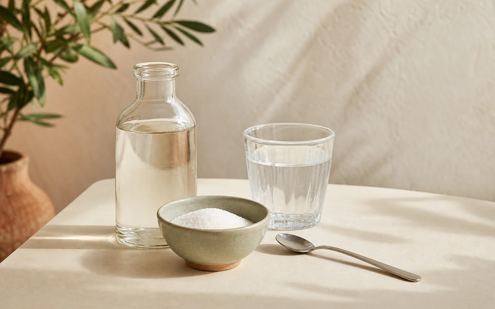 奶油白桌面上的白砂糖、清水与一小瓶透明基础糖浆，旁边放着调饮勺